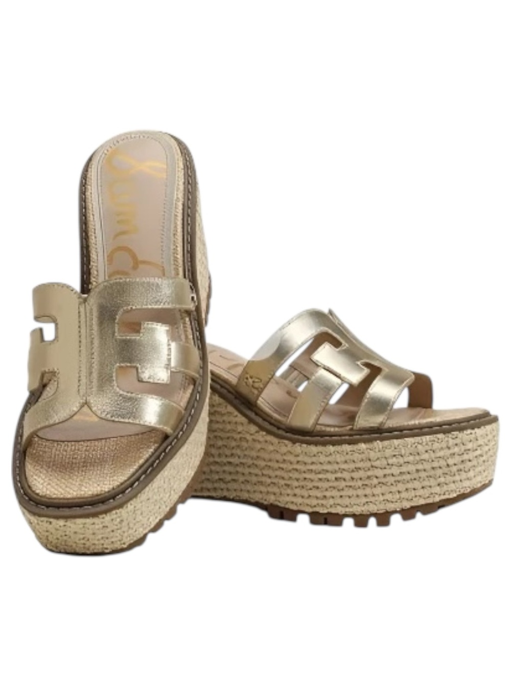 Sam Edelman Laine Gold Leather Platform Espadrille Wedge Sandals Size 9 NWOB
